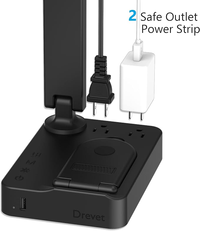 Drevet LED Desk Lamp with Wireless Charger, Desk Table Light with USB Charging Port and 2 Outlets, 3 Lighting Modes, 3 Level Brightness, 1H Timer, Touch Control, Eye-Caring Home Office Foldable Lamp - Image 5