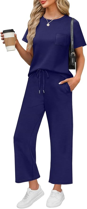 WIHOLL 2 Piece Sets for Women Casual Summer Travel Vacation Outfits Short Sleeve Wide Leg Crop Pants Lounge Sets by WIHOLL