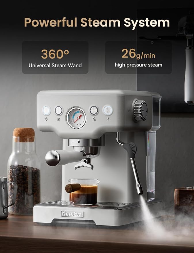 Neretva Stainless Steel Espresso Machine with Visible Pressure Guage-White | 15 Bar Professional Espresso Maker with Powerful Milk Frother and LED Display for Home Baristas to Make Latte, Cappuccino - Image 6