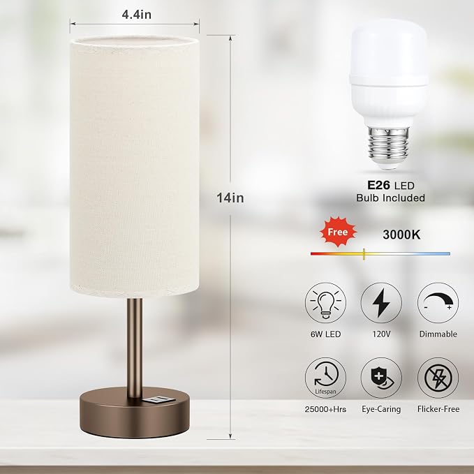Dicoool Bedside Table Lamp for Bedroom - 3-Way Dimmable Touch Lamp, USB A+C | LED Bulb Included, 14" Small Nightstand Lamp for Desk, Living Room, Guest Room, Beige Fabric Lampshade, Brown Metal Base - Image 5