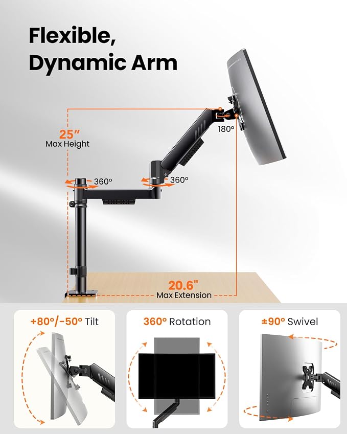 ErGear Dual Monitor Stand, Stacked Monitor Mount for 13-33″ Screens, Up to 19.8 lbs/Arm, Enhanced Stability with Integrated C-Clamp, Upgraded Cable Management, VESA 75x75/100x100mm, Home Office Gaming - Image 5