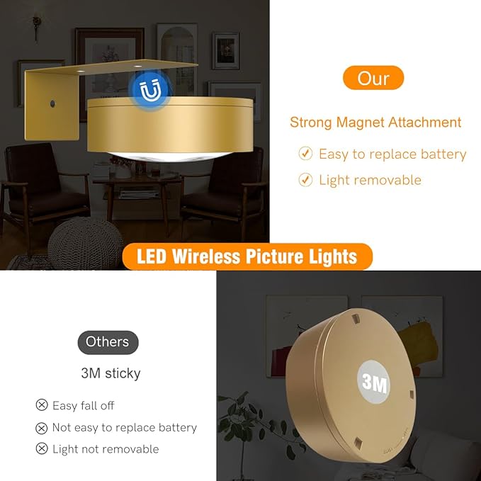 3Pack Picture Light Battery Operated Painting Lights for Wall Wireless Magnetic Display Art Light with Remote Control,Dimmable&Timer Portrait Light for Art Frame Artworking,Wall Decor Puck Lights-Gold - Image 6