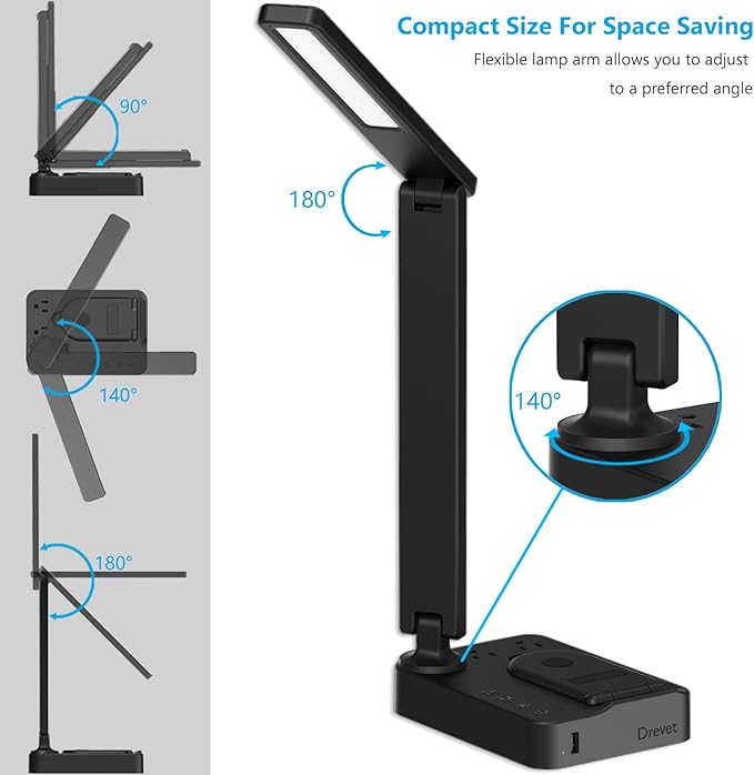 Drevet LED Desk Lamp with Wireless Charger, Desk Table Light with USB Charging Port and 2 Outlets, 3 Lighting Modes, 3 Level Brightness, 1H Timer, Touch Control, Eye-Caring Home Office Foldable Lamp - Image 4