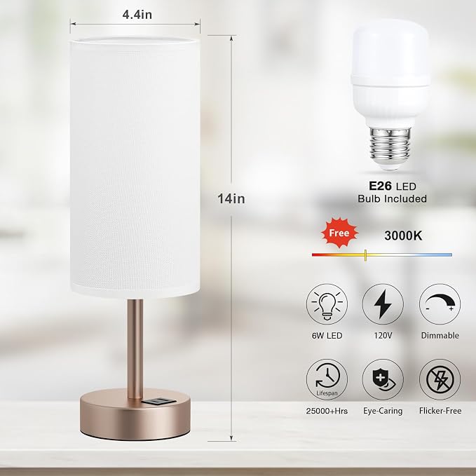 Dicoool Bedside Table Lamp for Bedroom - 3-Way Dimmable Touch Lamp, USB A+C | LED Bulb Included, 14" Small Nightstand Lamp for Desk, Living Room, Dorm, White Fabric Lampshade, Antique White Metal Base - Image 5