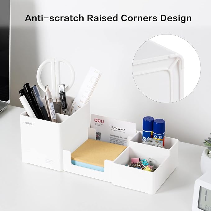 deli Desk Organizer, Plastic Desktop Organizer with Pencil Holder and Sticky Note Tray, Office Stationery Supplies Organizers Accessories Caddy, 6 Compartments, White - Image 5