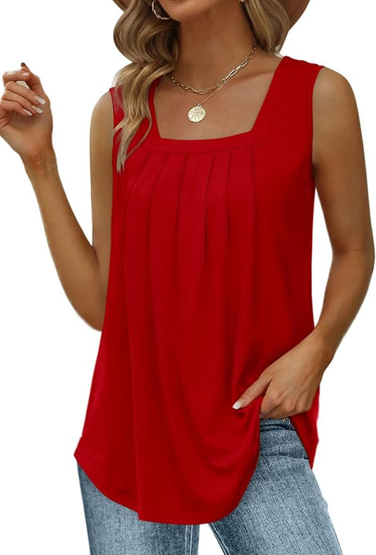 Saloogoe Summer Tank Tops for Women Loose Fit Pleated Square Neck Sleeveless Tops Curved Hem Flowy by Saloogoe