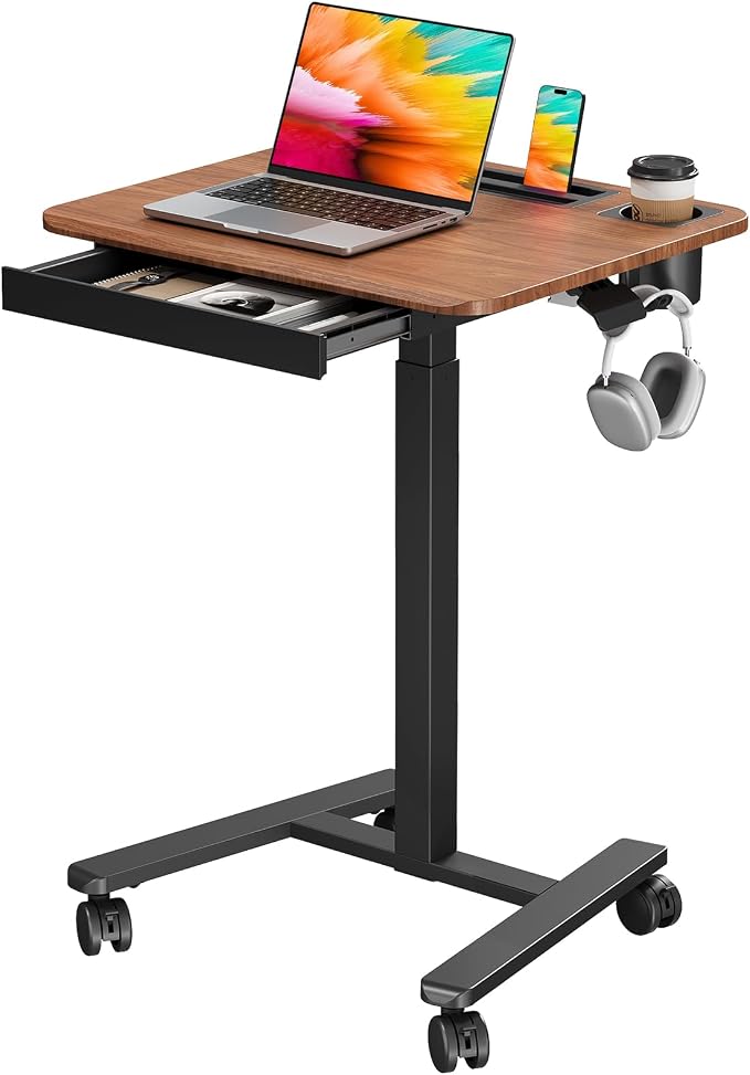 Small Mobile Standing Desk with Drawer, 23.6" x 19.7" Top | Height Adjustable Portable Laptop Desk with Wheels & Cup Holder, Sit Stand Computer Workstation for Compact Space, Dark Wood by JYLHJOYSEEKER