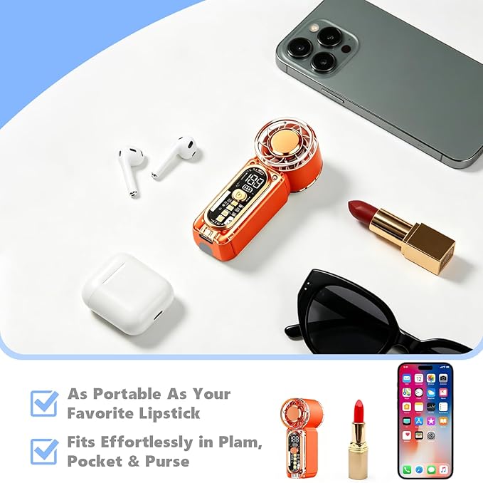 Portable Mini Handheld Fan, 100 Speed Adjustable Pocket Fan with Digital Display, USB-C Rechargeable Personal Fan, Long Battery Life, Small Cooling Fan for Travel(Orange) - Image 3