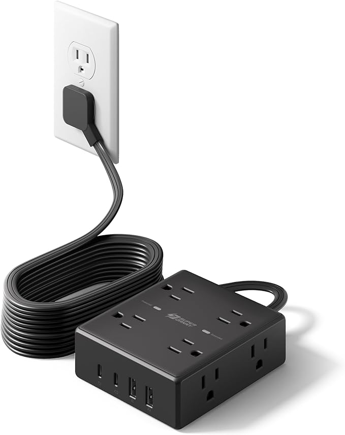 SUPERDANNY Extension Cord,Flat Plug Surge Protector Power Strip,15Ft | 8 AC & 4 USB Ports (2 USB C),Surge Protector with 1050J,Desk Charging Station for Home Office,College Dorm Room Essentials by SUPERDANNY