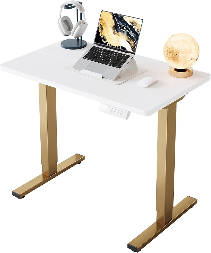HUANUO 32" Small Electric Standing Desk Adjustable Height, 4 Memory Height Settings, Sit Stand Up Desk for Home Office & Computer Workstation, White and Gold Frame by HUANUO