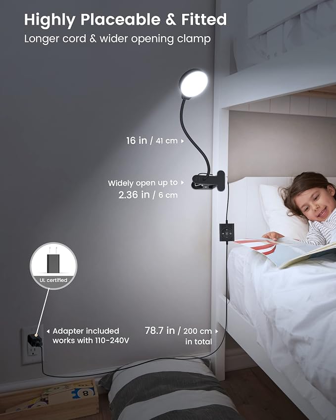 Glocusent 5W Clip on Light, 3 Colors & 5 Brightness Reading Light for Bed | Flexible Gooseneck Clip on Lamp, 30-Min Timer, Reading Lamp, Perfect Desk Lamp for Dorm,Bunk,Bed,Headboard,Table,Work,Craft - Image 6
