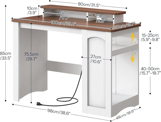 HOOBRO Farmhouse Computer Desk, Office Desk with Charging Station, Executive Desk with Monitor Stand & Adjustable Shelf, Small Desk for Small Space, Study, Living Room, White and Walnut WH85UDN01 - Image 2