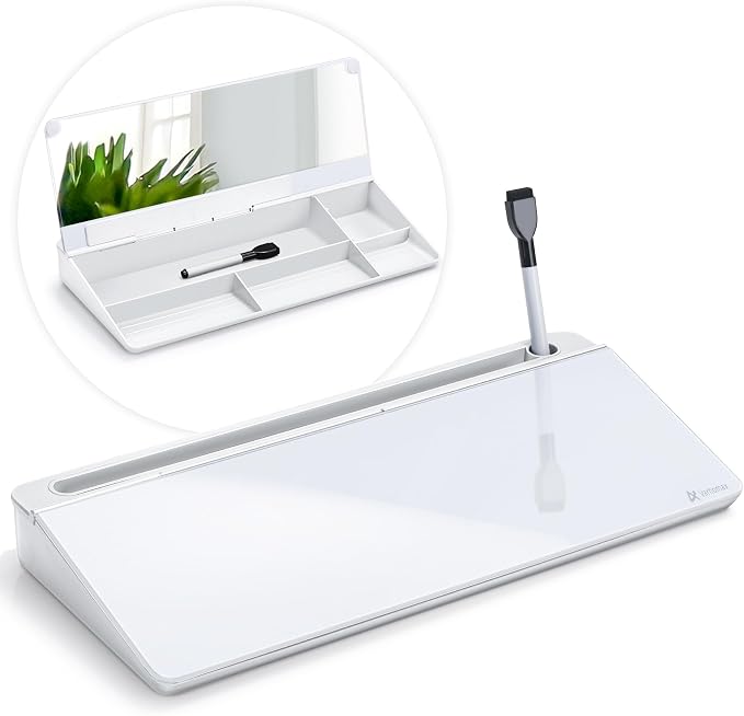 Varhomax Glass Desk Whiteboard with Built-in Mirror, Desktop Organizer Dry Erase White Board with Storage, to Do List Memo Notepad for Home Office and School Supplies by Varhomax