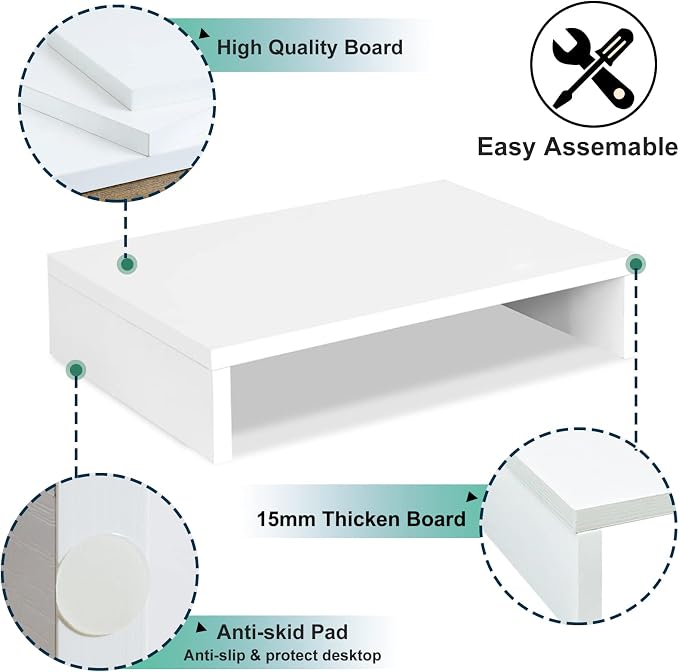 TEAMIX 14.2 inch White Monitor Stand Riser, Wood Monitor Riser with Storage for Desk Small Monitor Stand TV/Screen/PC/Laptop Riser Computer Stand Desktop Shelf (White-14.2 inch) - Image 4