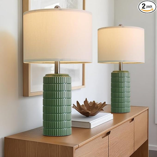 PoKat 24" Modern Ceramic Table Lamps Set of 2 for Bedroom, Green Bedside Lamps for Night Stands, Farmhouse House Decor Nightstand Table Lamps for Living Room End Table Green by Pokat