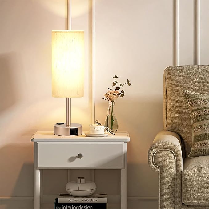 Fenmzee Bedside Table Lamp for Bedroom - 3 Way Dimmable Touch Lamp USB C Charging Ports and AC Outlet, Small Lamp Gold Base Round Flaxen Fabric Shade for Living Room, Desk, LED Bulb Included - Image 8