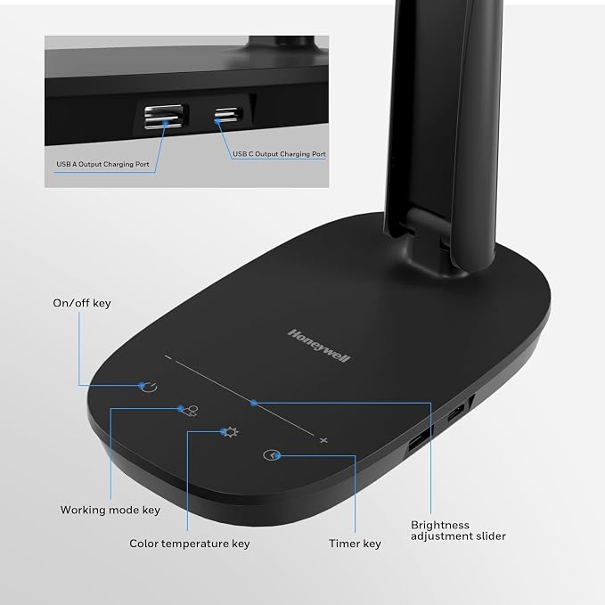 Honeywell HWT-H2 LED Desk Lamp for Home Office, CRI94 Full Spectrum Eye-Caring Light, Dimmable Table Lamp with USB-A & USB-C Charging Ports, Foldable Touch Control Reading Lamp, Black - Image 5