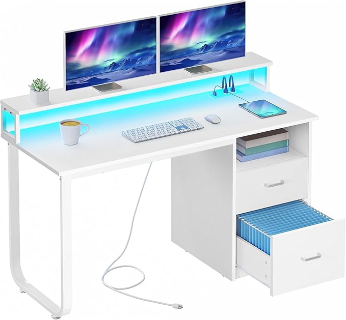 DWVO Office Desk with Drawers, 47" Computer Desk with Power Outlets & LED Light, Home Office Desk with Storage & Monitor Stand, White | Built-In Power Outlets, Led Light, Monitor Stand, Storage Space, For Home Office Study, Easy Assembly - Image 3