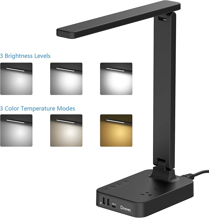 Drevet LED Desk lamp with USB C Charging Port, Table Light with 3 USB Charger and 2 AC Power Outlet, 3 Color Model, 3 Level Brightness, Touch Control, Memory Function, Eye-Caring Office Foldable Lamp - Image 2