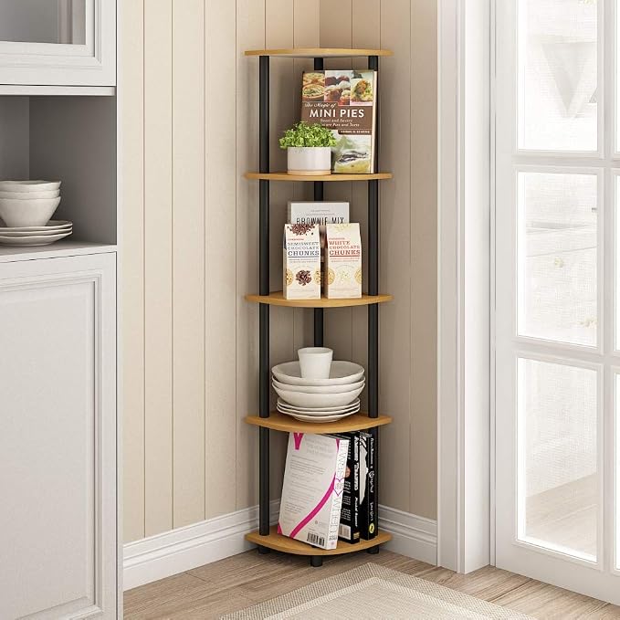 Furinno TURN-N-TUBE Corner Shelf, 5-Tier Corner Bookshelf, Open Storage Shelves, for Organization and Storage, Living Room, Home Office, Garage, Bedroom, Light Cherry - Image 2