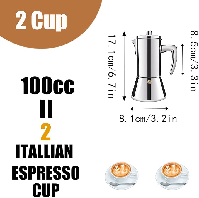 2 Cup Thickened 304 Stainless Steel Moka Pot Stovetop Espresso Maker Cafeteras Italian Percolator Espress Makers Capable Greca Mocha Coffee Machine for Induction Home and Camping 100ml 3.4oz - Image 2