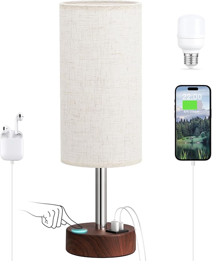 Dicoool Bedside Table Lamp for Bedroom - 3-Way Dimmable Touch Lamp, USB A+C | LED Bulb Included, 14" Small Nightstand Lamp for Desk, Living Room, Guest Room, Cream Fabric Lampshade, Redwood Metal Base by DicooolDirect