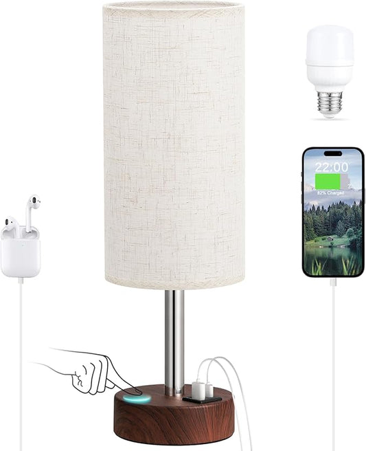Dicoool Bedside Table Lamp for Bedroom - 3-Way Dimmable Touch Lamp, USB A+C | LED Bulb Included, 14" Small Nightstand Lamp for Desk, Living Room, Guest Room, Cream Fabric Lampshade, Redwood Metal Base by DicooolDirect