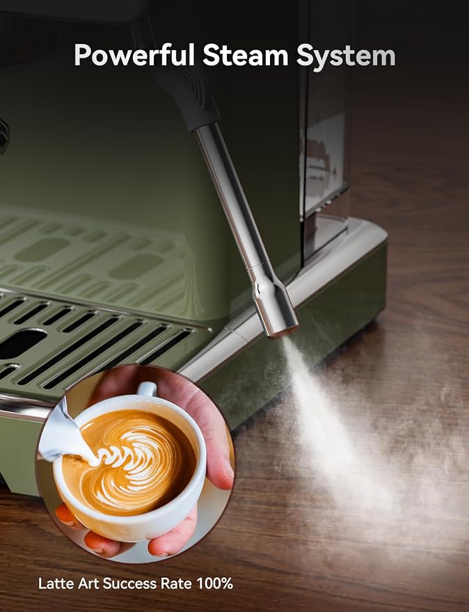 Neretva Professional Retro Espresso Machine with 58mm Portafilter, Green | Visible Pressure Gauge, Powerful Steam Wand, 15 Bar Stainless Steel Espresso Maker for home baristas to make latte cappuccino - Image 6