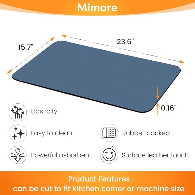 Mimore Coffee Mat - 16x24 Inch Blue Bar Mat for Countertop - Absorbent, Hides Stains, Rubber Backed - Dish Drying Mat Fits Under Coffee Maker, Espresso Machine (Compatible with Ninja Luxe Cafe) - Image 5