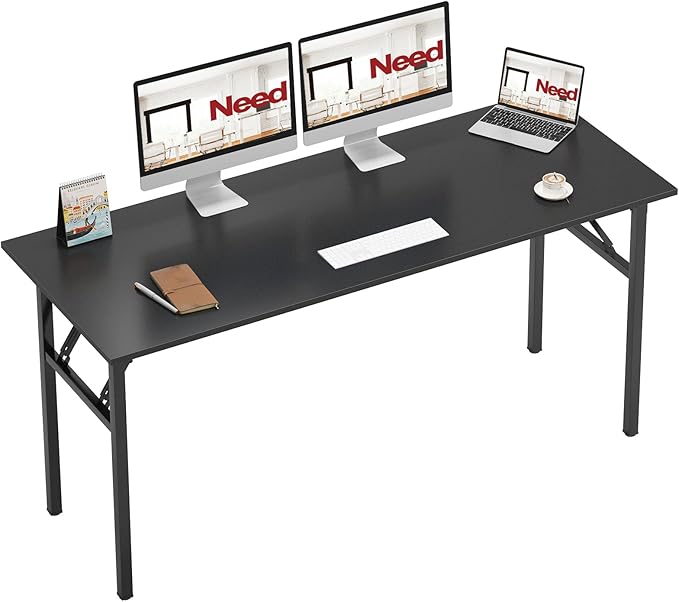 Need Home Office Desk - 62 Inches Large Computer Desk Sturdy Black Table Foldable Desk Gaming Computer Table No Assembly Required AC5CB 62inch | Black Frame Writing Gaming Work Table/Foldable Home Office Desk/Sewing Table, No Assembly Required by Need