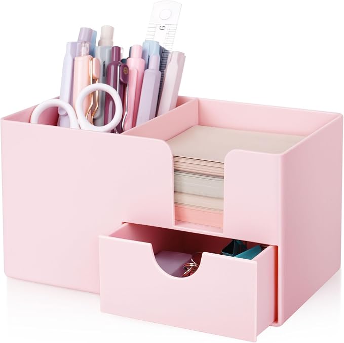 SKYDUE Small Desk Organizer with Drawer | 3 Compartments, Desk Pen Holder, For Home, School, Classroom & Office by SKYDUE