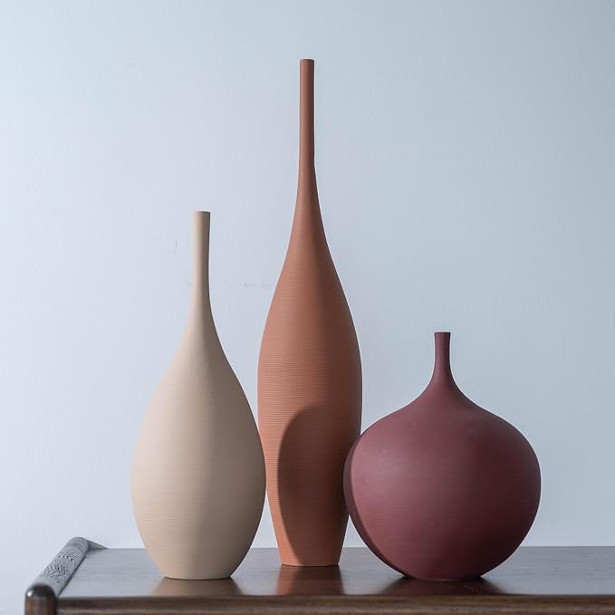 Relexome Ceramic Modern Vase Set of 3 Farmhouse Decorative Vase Minimalist Aesthetic Vases for Centerpieces Matte Ribbed Vases for Home Decor Table Entryway Living Room (Brown+Khaki+ Dark Red) - Image 6