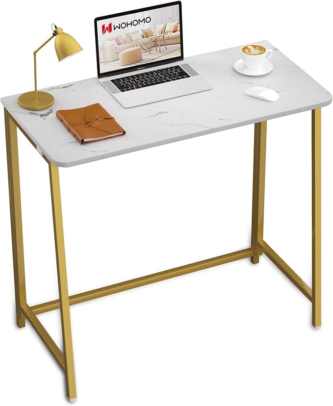 WOHOMO Folding Desk, 39.4" Foldable Computer Table for Small Spaces, Gold | Easy Assembly and Fold, Sturdy Home office desks for Study Bedroom Dorm Space Saving Writing Work Apartment by WOHOMO