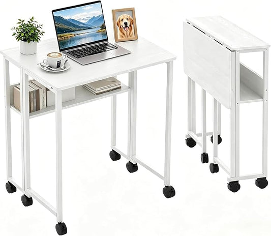 Folding Desk Small Rolling Desk with Storage Shelf,24.8 Inch Foldable Computer Table with Wheels,Portable Office Desk for Small Space Sofa Table,Easy to Fold,Writing Work Office Computer Desk,White by GarveeHome