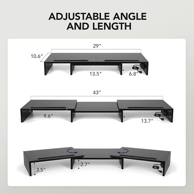 HUANUO Dual Monitor Stand -Monitor Stand with USB ports ,Adjustable Length and Angle, Dual monitor riser w/ Desktop Socket, Monitor Stand Riser for PC, Computer, Laptop (Black) - Image 2