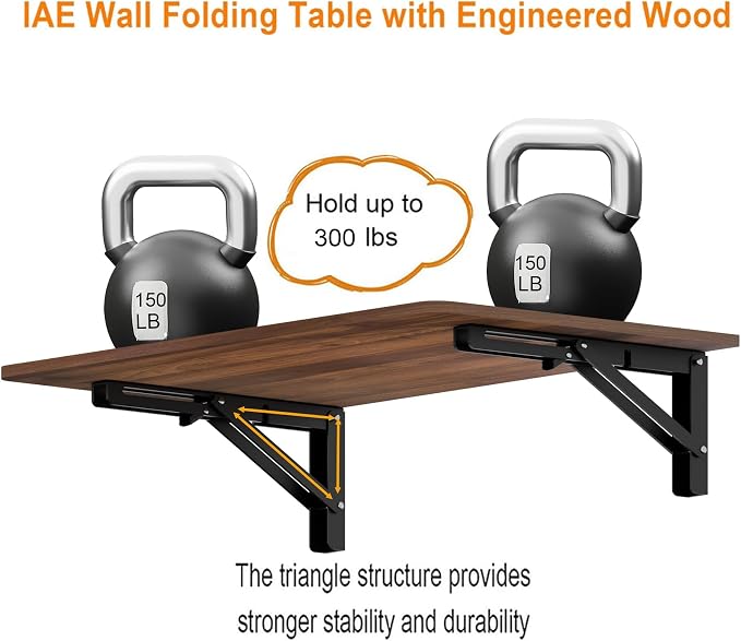 IAE 36x22in Floating Fold Desk,Wall-Mounted Folding Computer Table,Walnut | Study Table with Shelf Brackets,Foldable Down Shelf with Engineered Wood,Fold Computer Desk for Small Apartment,Holds 503 lb - Image 5