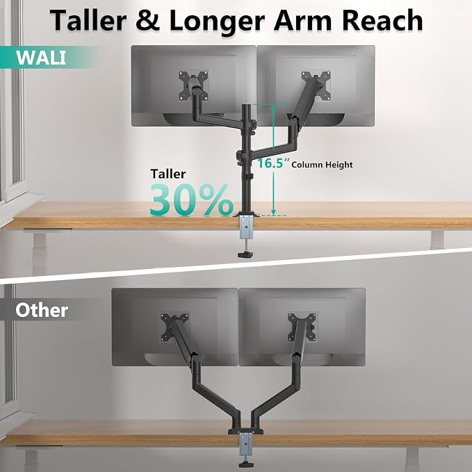 WALI Dual Monitor Mount, 13-33 Inch Adjustable Dual Monitor Arm for Desk Holds Max 19.8 lbs Screens, Swivel Vesa Bracket with C Clamp, Grommet Mounting, Monitor Arms for 2 Monitors (GSDM002) - Image 7