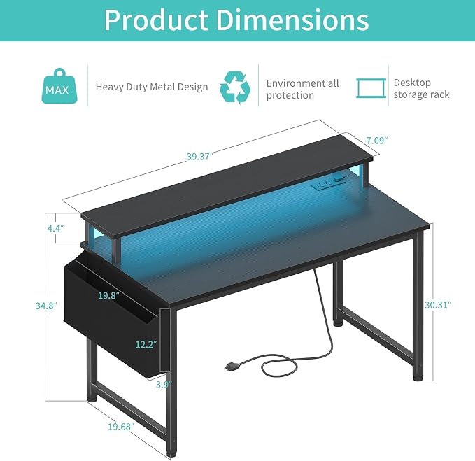 Lufeiya Black Gaming Desk with LED Lights and Power Outlets, 40 Inch Teen Writing Study Table Home Office Desks with Monitor Stand, Computer Desk with Charging Station USB Port, Black - Image 3