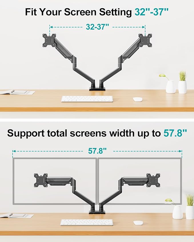 Dual Monitor Arm Desk Mount Fits 13 to 32 inch Computer Screens, Holds 4.4 to 22lbs Display VESA Mount, Adjustable Double Monitor Stand with Clamp/Grommet Base, 75/100mm Bracket, Black, Freelift - Image 8