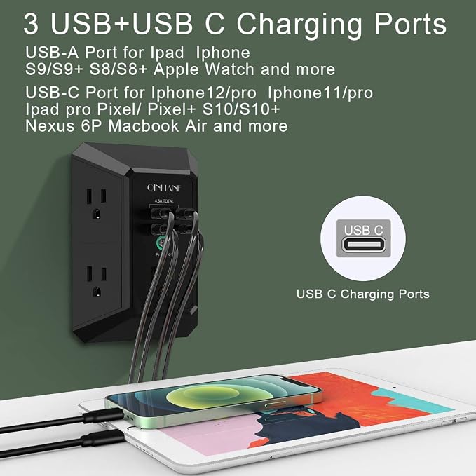 USB Wall Charger, Surge Protector, QINLIANF 5 Outlet Extender with 4 USB Charging Ports (4.8A Total) 3-Sided 1680J Power Strip Multi Plug Outlets Wall Adapter Spaced for Home Travel Office, Black - Image 5