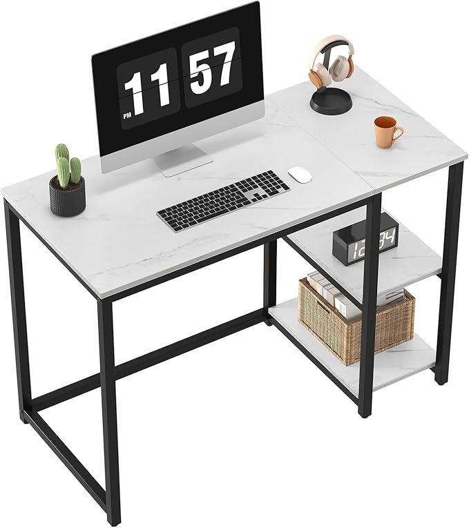 SINPAID Computer Desk 40 inches with 2-Tier Shelves Sturdy Home Office Desks with Large Storage Space Modern Gaming Desk Study Writing Laptop Table, Black Marbling (White Marble, 40 inch) by SINPAID