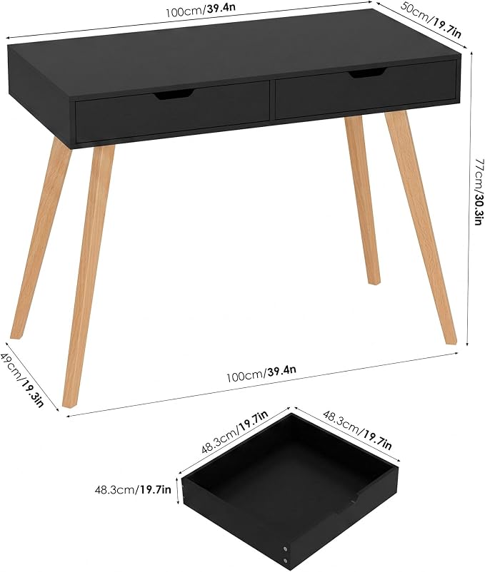 FOTOSOK White Computer Writing Desk with 2 Drawers, Small Desk Makeup Vanity Table Wood Desk with 4 Oak Legs, Modern Home Office Desk Console Study Table, Black - Image 2
