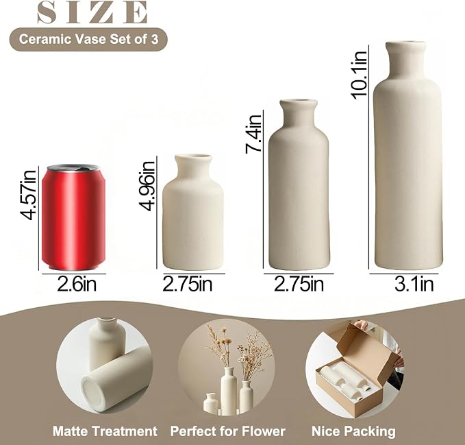 Modern Ceramic Vase Set of 3, Beige Colors, Decorative Bottles for Home, Farmhouse Rustic Decor, Housewarming Gifts, Wedding Gifts, Bridal Shower Gifts, Birthday Gifts for Women (Beige) - Image 5