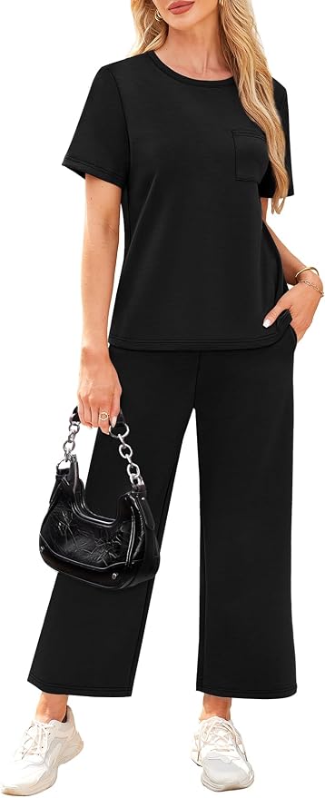 WIHOLL 2 Piece Sets for Women Casual Summer Travel Vacation Outfits Short Sleeve Wide Leg Crop Pants Lounge Sets - Image 4