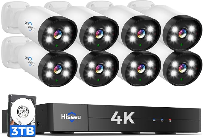 Hiseeu 4K Wired Security Camera System with Smart Color Night Vision | Audio,3TB Hard Drive,AI Human/Vehicle Detection,8PCS 8MP IP67 Weatherproof Home CCTV Cameras,Surveillance DVR Kit by Hiseeu