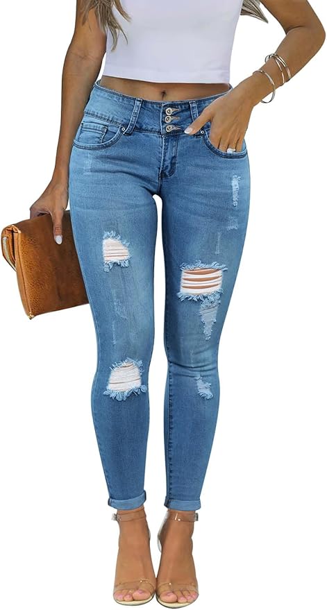 KUNMI Women's Skinny Ripped Trendy Jeans Distressed Stretchy Denim Pants by KUNMI