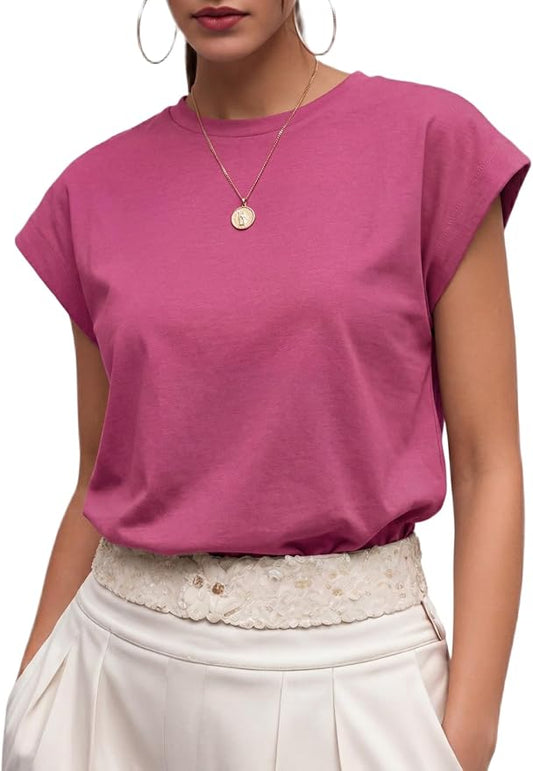 GRECERELLE Womens Summer Tops Cap Sleeve Crew Neck Basic T-Shirt | Everyday Casual Wear, Layering Friendly, Wrinkle-Resistant, Business Casual Ready, Lightweight & Packable, Capsule Wardrobe by GRECERELLE