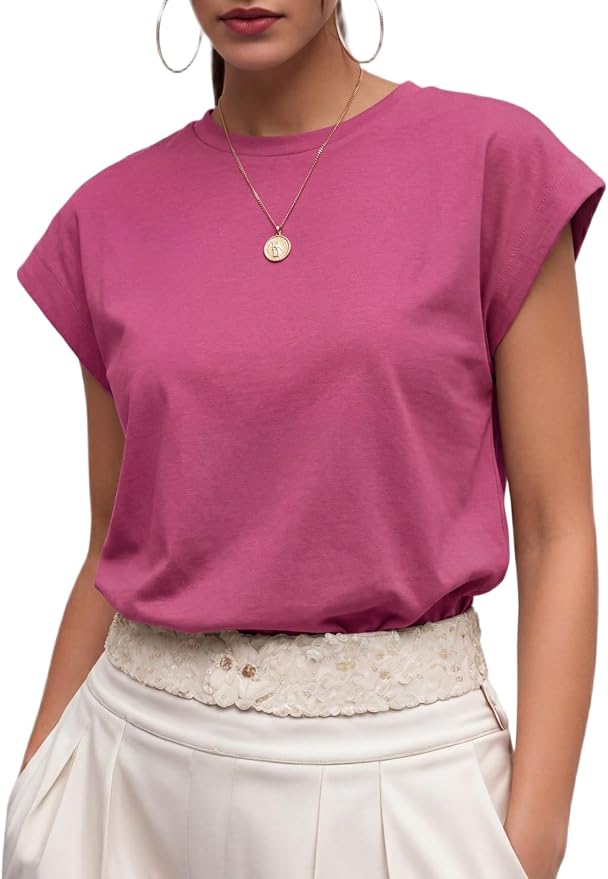 GRECERELLE Womens Summer Tops Cap Sleeve Crew Neck Basic T-Shirt | Everyday Casual Wear, Layering Friendly, Wrinkle-Resistant, Business Casual Ready, Lightweight & Packable, Capsule Wardrobe by GRECERELLE