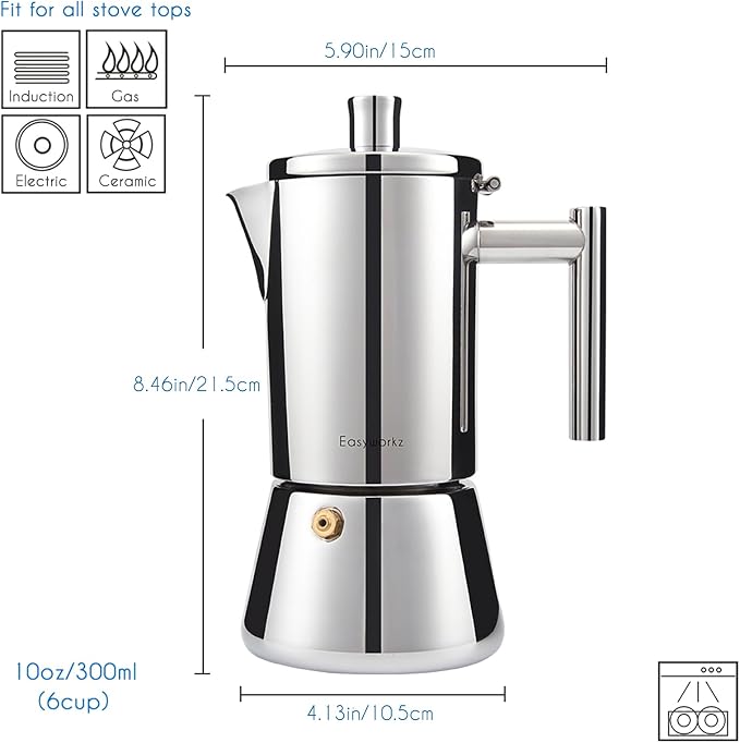 Easyworkz Diego Stovetop Espresso Maker Stainless Steel Italian Coffee Machine Maker 6Cup 10 oz Moka Pot Induction Espresso Pot - Image 2