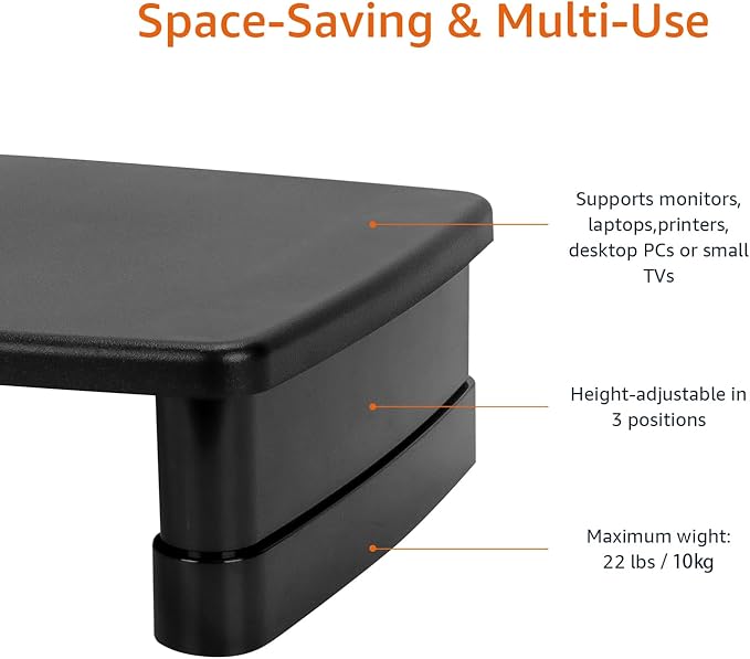 Amazon Basics Height Adjustable Monitor Stand Riser with Storage Organizer, 3-Level Stackable Design, Durable ABS Plastic, Supports up to 22lbs, for Monitors & Laptops, Black - Image 3